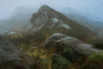 Digital painting of a misty Ramshaw Rocks sunrise at Ramshaw Rocks in the Peak District National Park.