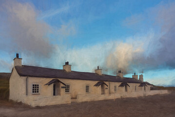 Fototapeta na wymiar Digital painting of the pilot's cottages and cross at Ynys Llanddwyn on Anglesey, North Wales.