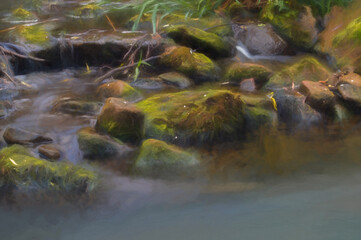 Digital painting of a long exposure of water flowing around moss covered rocks