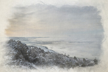 Winter digital watercolour painting of a sunrise cloud inversion, and snow at The Roaches, Staffordshire.