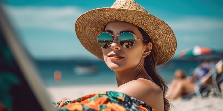 A beautiful woman in a vibrant beach style - Lounging on the beach with a smile on her face and wearing a colorful bikini - Natural sunny lightning inviting glow - AI generated woman