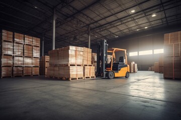 Forklift loads pallets and boxes in warehouse Generative AI