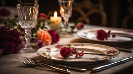 Table Setting For Valentines With Red Roses. Generative AI
