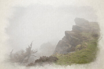 Springtime digital watercolour painting of a sunrise cloud inversion, and mist at The Roaches, Staffordshire.