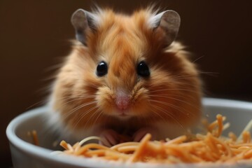 hamster eating spaghetti in bowl Generative AI