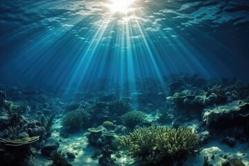 Naklejka na ściany i meble Underwater sea in blue sunlight Generative AI