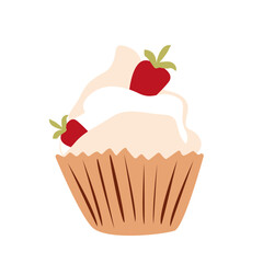 Cupcake with strawberry. Vector flat illustration. Muffin with whipped cream. Cartoon style. For birthday cards, invitations. For birthday cards, invitations.