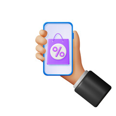 3D Smartphone with Shopping Bag in Hand Isolated. Render Realistic Gift Bag and Phone. Sale, Discount or Clearance Concept. Online or Retail Shopping Symbol. Fashion Handbag. Vector Illustration