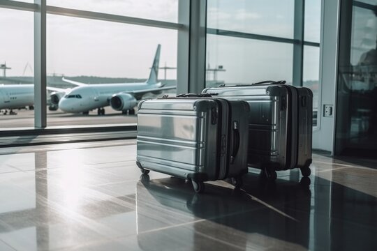 Suitcases on the background of the plane travel at the airport Generative AI