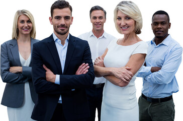 Confident business people with arms crossed standing over white background