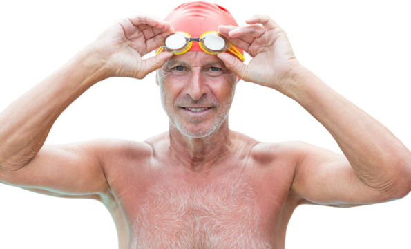 Close up portrait of senior man removing swimming goggles
