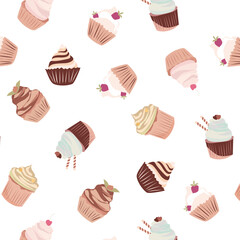 Vector seamless pattern with cakes. Holiday background for birthday party. Backdrop with cupcakes and muffins. Endless texture for kids clothes.