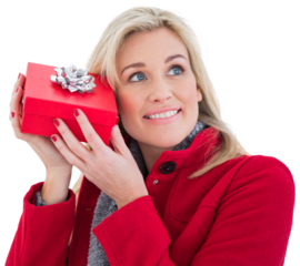 Festive blonde holding red gift