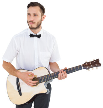 Geeky hipster playing the guitar 