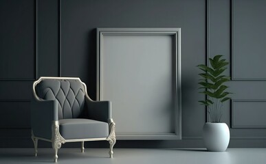 Empty picture frame mockup on a wall vertical frame mockup in modern minimalist interior with plant in trendy vase on wall background, Template for painting, photo or poster