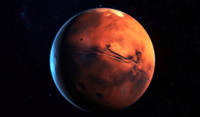 Mars planet in dark space. Red planet close up view. Space science template. Generated AI planet concept