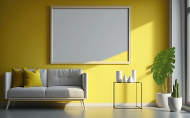 Blank wooden picture frame mockup on yellow wall in modern interior living room, Empty picture frame mockup on a wall vertical frame mockup