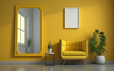Obraz na płótnie Canvas Blank wooden picture frame mockup on yellow wall in modern interior living room, Empty picture frame mockup on a wall vertical frame mockup