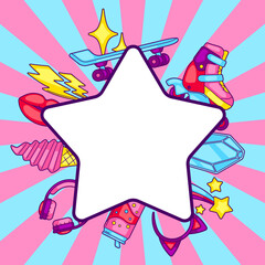 Background with fashion girlish items. Colorful teenage illustration. Creative girls symbols in cartoon style.