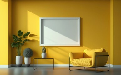 Stylish interior of modern living room with light wall, Blank wooden picture frame mockup on yellow wall