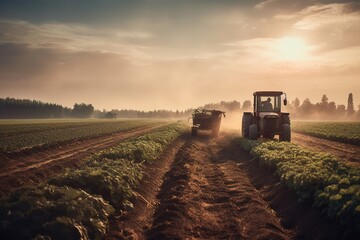 Capturing the process of harvesting vegetables with the help of machinery, set against a backdrop of neatly organized rows of crops on a picturesque farm. Generative AI