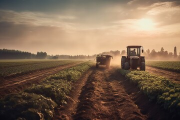 Fototapeta premium Capturing the process of harvesting vegetables with the help of machinery, set against a backdrop of neatly organized rows of crops on a picturesque farm. Generative AI