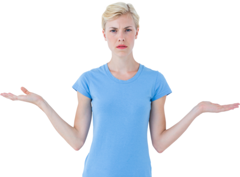 Portrait of serious woman gesturing