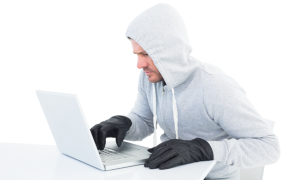 Hacker using laptop to steal identity - Powered by Adobe