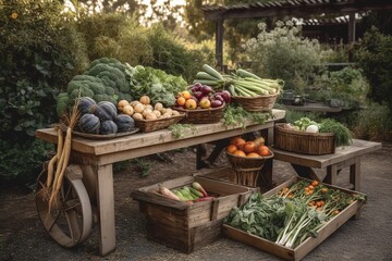 A charming, rustic scene of a vegetable harvest displayed in a wooden crate, wicker basket, wheelbarrow, emphasizing the farm-to-table concept and the freshness of the produce. Generative AI