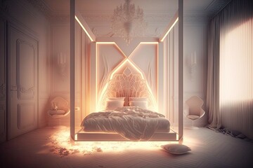 cozy bedroom with a comfortable bed and a decorative mirror on the wall. Generative AI
