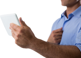 Midsection of businessman using digital tablet