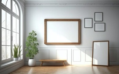 Fototapeta na wymiar Blank wooden picture frame mockup on wall, Empty picture frame mockup on a wall vertical frame mockup in modern minimalist interior