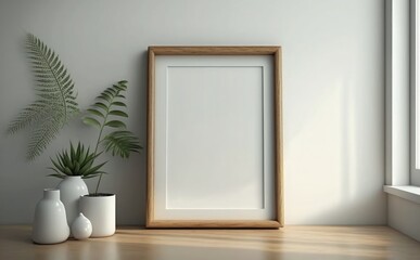 Blank wooden picture frame mockup on wall, Empty picture frame mockup on a wall vertical frame mockup in modern minimalist interior