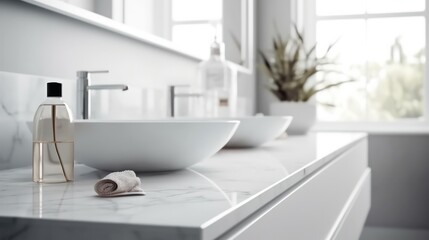 Naklejka na ściany i meble Bottle of hand soap in a white modern bathroom. generative AI