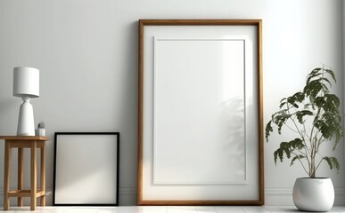 Fototapeta na wymiar Blank wooden picture frame mockup on wall, Empty picture frame mockup on a wall vertical frame mockup in modern minimalist interior