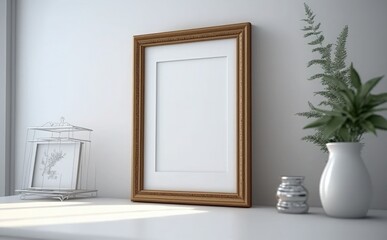 Blank wooden picture frame mockup on wall, Empty picture frame mockup on a wall vertical frame mockup in modern minimalist interior