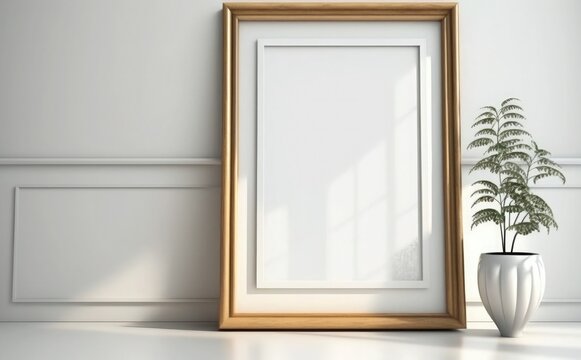 Blank wooden picture frame mockup on wall, Empty picture frame mockup on a wall vertical frame mockup in modern minimalist interior