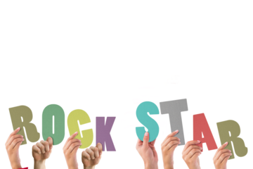 Hands holding colorful words rock star 