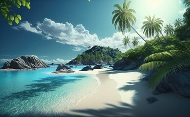 Plakat beach panorama, Palms on empty tropical sand beach, Summer tropical Beach, vacation background