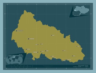 Transcarpathia, Ukraine. Solid. Labelled points of cities