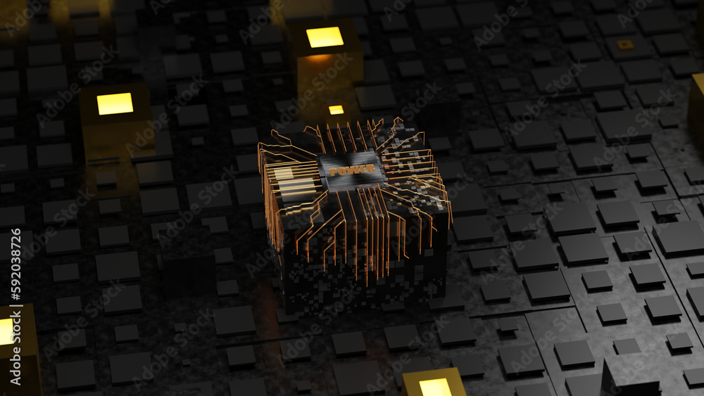 Poster 3d rendering of an abstract background of cubes and tiles. a large cube in the center with a platinu