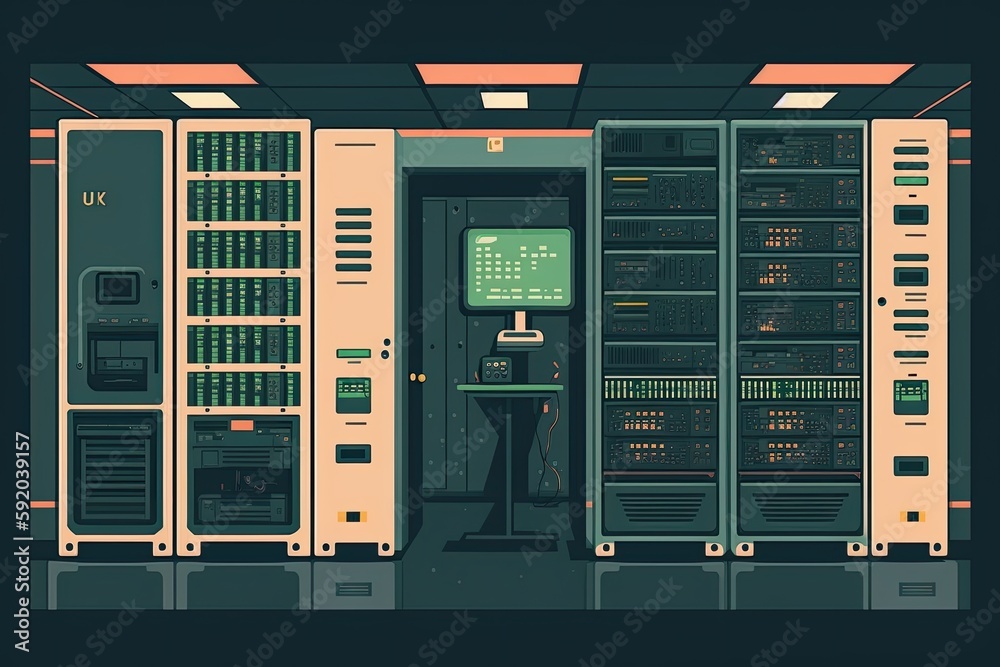 Poster server room with rows of computer servers and cables. generative ai