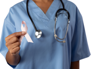 Nurse holding breast cancer awareness pink ribbon on white background