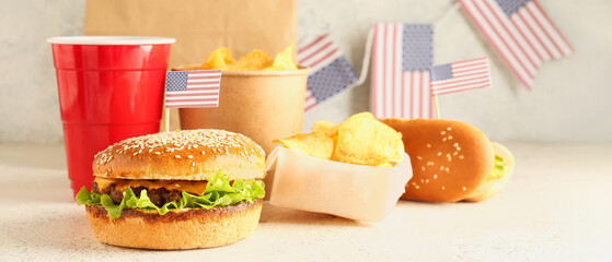 American fast food on light background
