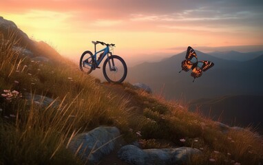 Bicycle on a mountain trail at sunset, stunning evening views
