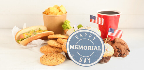 American fast food with paper flags and greeting card for Happy Memorial Day on light background