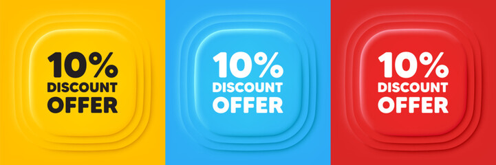 10 percent discount tag. Neumorphic offer banners. Sale offer price sign. Special offer symbol. Discount podium background. Product infographics. Vector