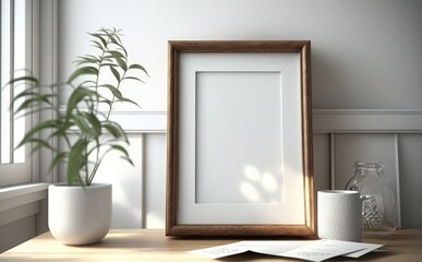 Empty white poster mockup in minimalist modern interior background