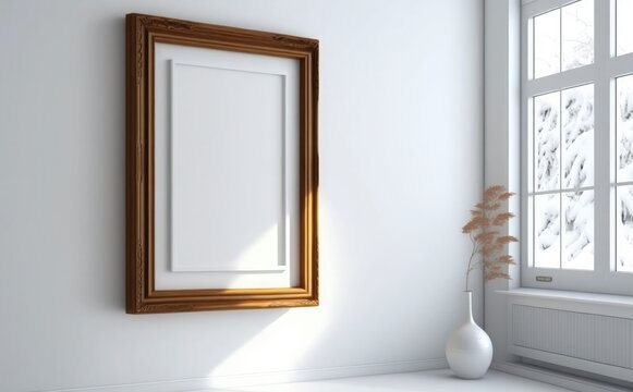Empty white poster mockup in minimalist modern interior background