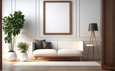 Wooden frame mock up on a wall. vertical poster frame mockup in modern minimalist interior